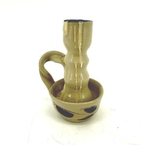 Williamsburg Pottery Chamberstick Candle Holder Tan Blue Salt Glaze Virginia